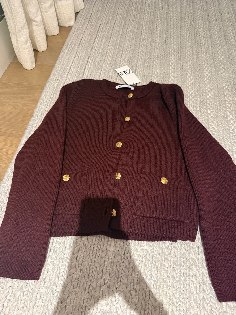 ZARA Women's Burgundy Knit Button-Up Cardigan with Gold Buttons